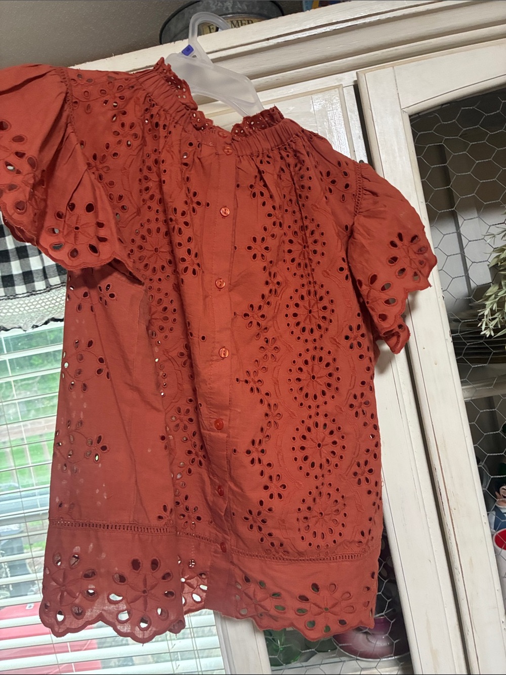 Women’s Eyelet Short-Sleeve Blouse in Rust - Picture 2 of 4